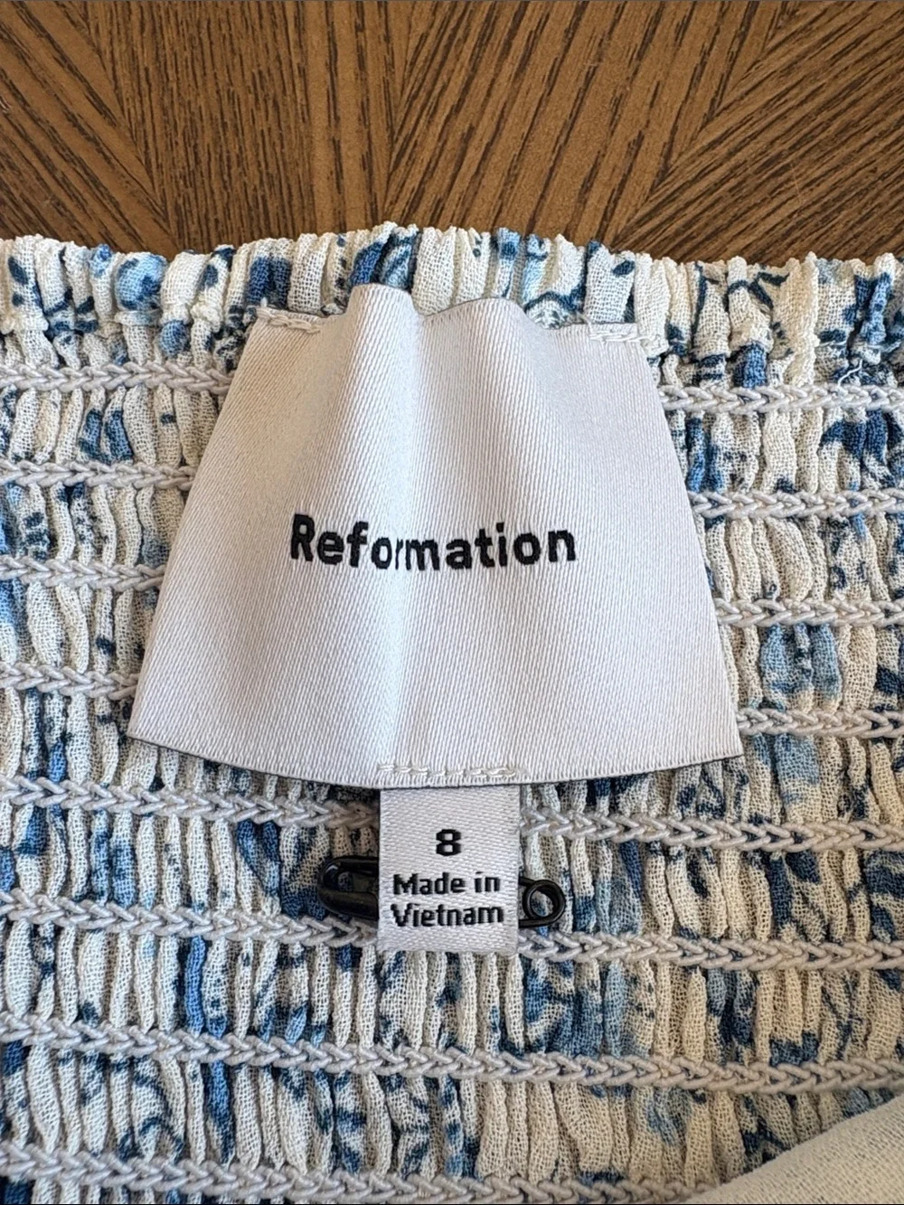 Reformation White and Blue Floral Puff-Sleeve Square-Neck Top